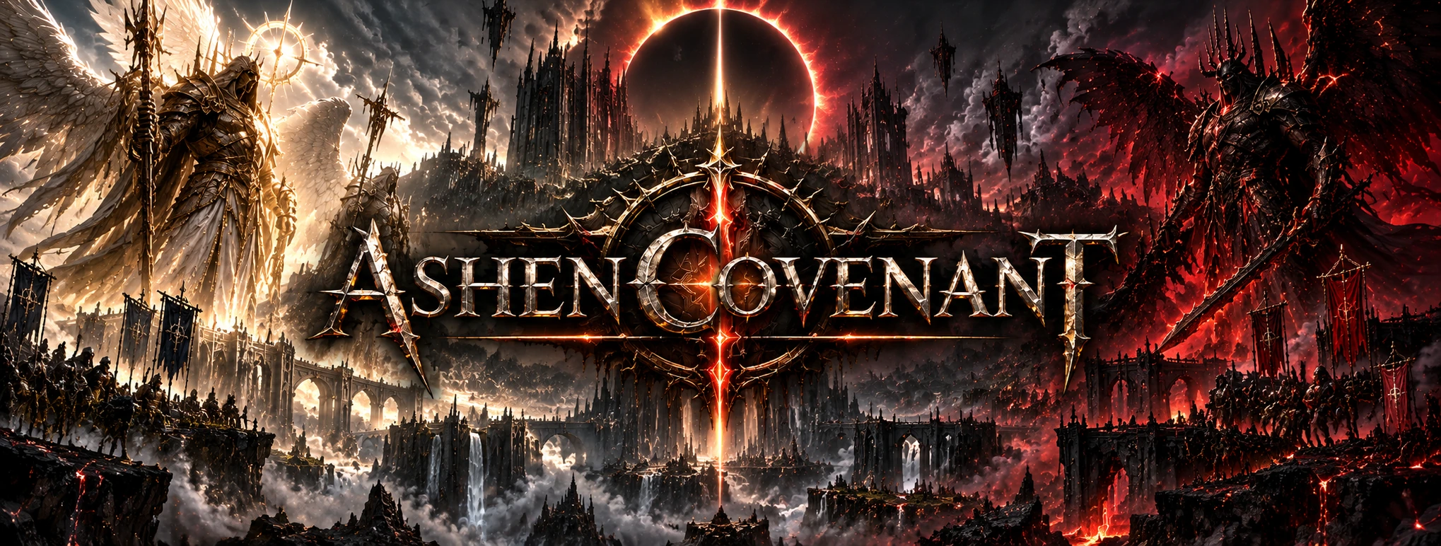 Ashen Covenant: ein gebrochener Himmelsring über einer Kathedralenstadt, zwischen einem goldenen Erzengel und einem gefallenen Herrscher.